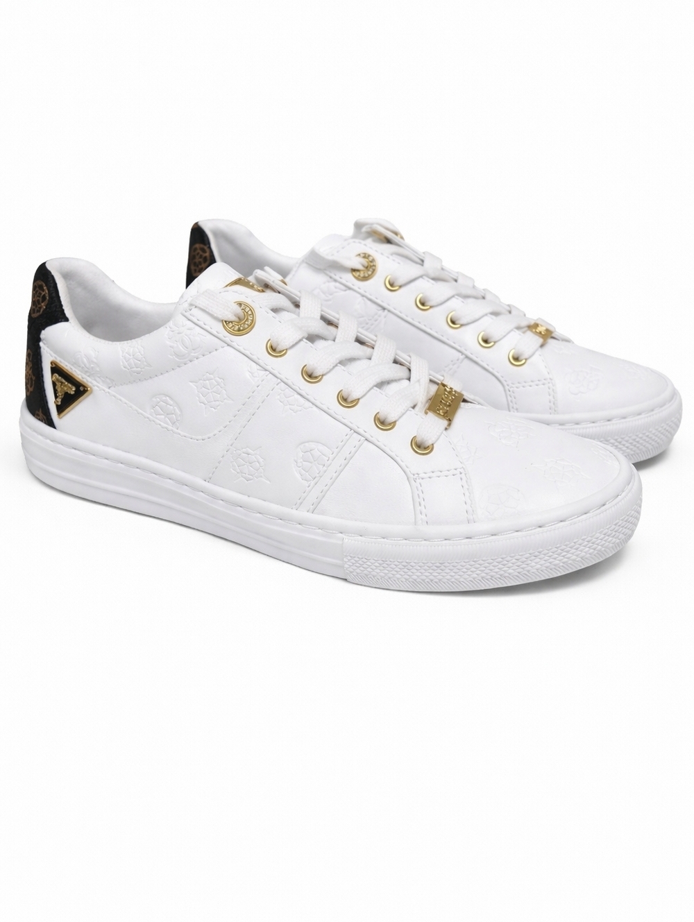 Guess White Gold Logo Sneakers Lace Up Low Top Women’s Size 9.5